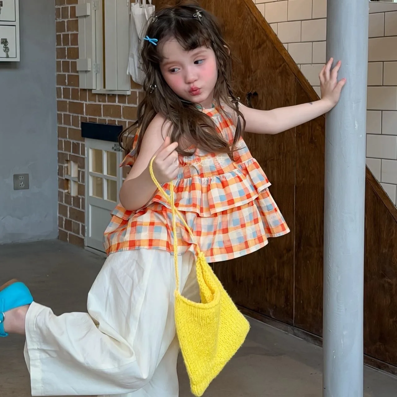 2026 Summer Baby Girls Cotton Stylish Plaid Halter Crop Ruffled Bow Shirt Top+Pant Set Kids 2PCS Suit Children Vacation Outfit
