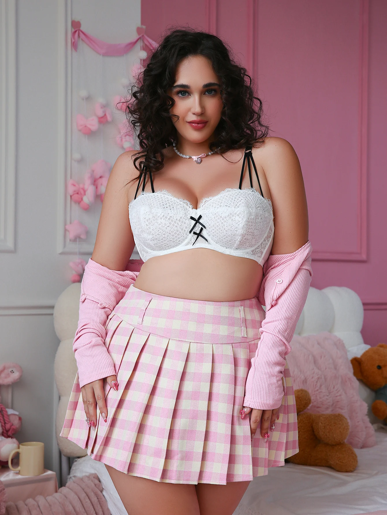 Women's Plus Size Underwear Half Cup Lifting And Gathering Push Up Lace Bow Design Suitable For Voluptuous Women XL-XXXL HR2765