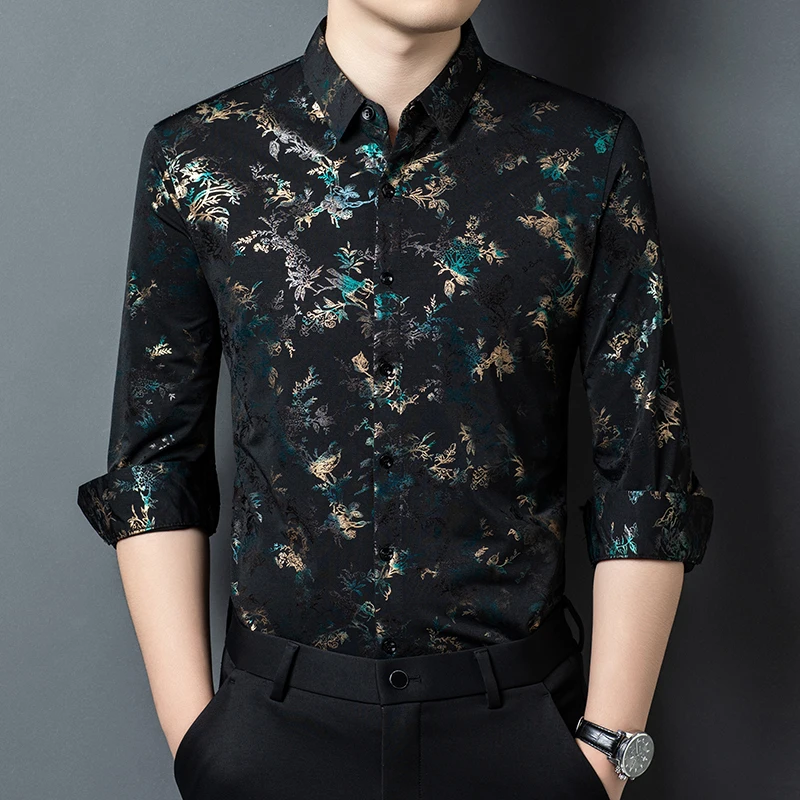 Metallic Foil Printing Floral Shirts For Men Long Sleeve Casual Spring Quality Smooth Comfortable Anti-Wrinkle Camisas De Hombre