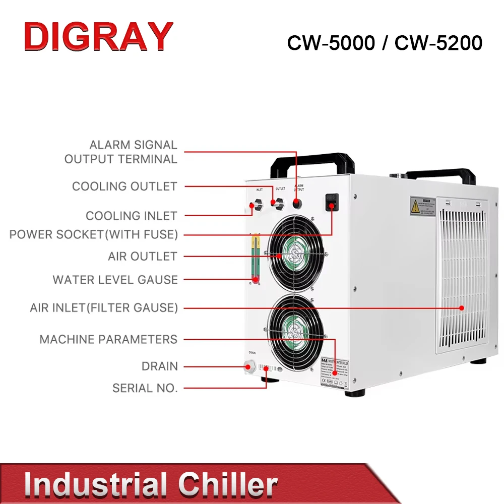 DIGRAY S & A CW5000 CW5200 CW5202 صناعة مبرد المياه لآلة قطع النقش بالليزر CO2 تبريد 80 وات ~ 150 وات أنبوب ليزر