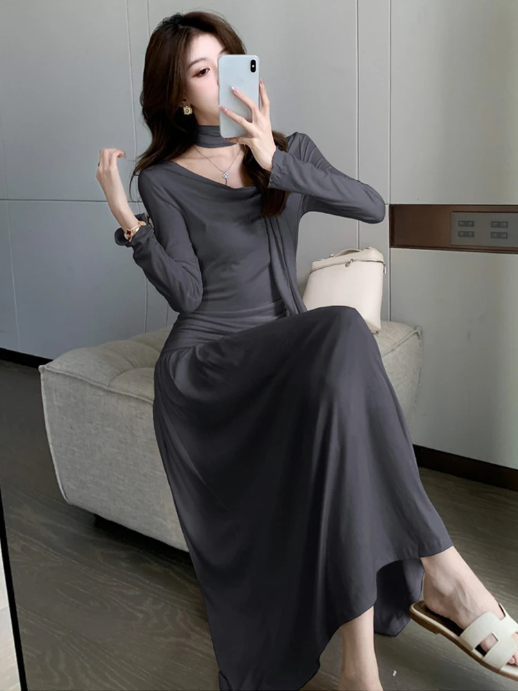 Neue Frühling Herbst Casual Süße Stretchy Oansatz A-Line Lange Kleid Frauen Kleidung Chic Elegante Solide Langarm Falten Robe Vestido