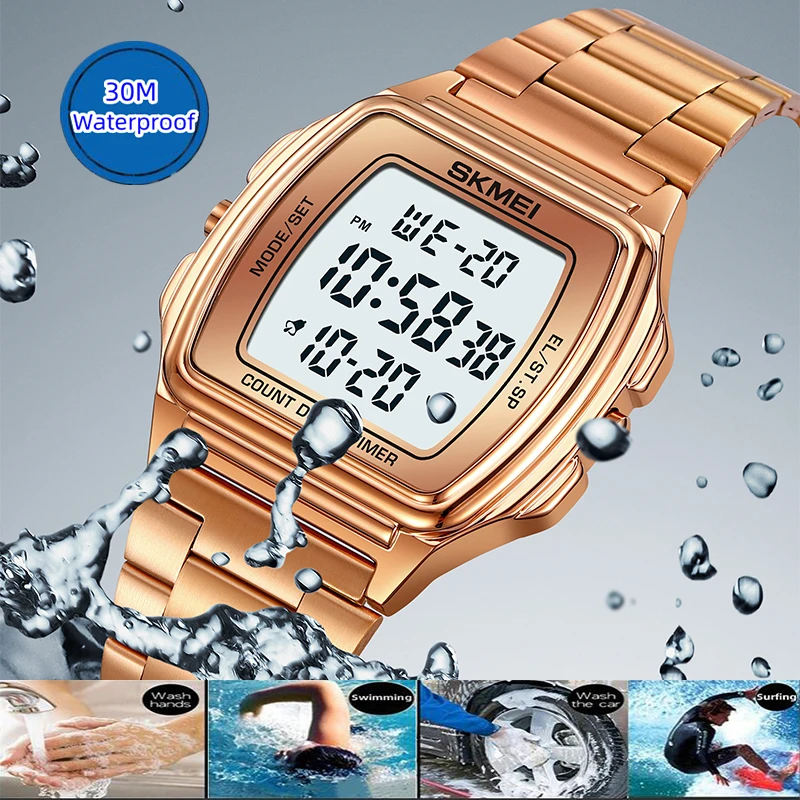 Skmei Luxusmarke, wasserdichte Digitaluhren, 24-Stunden-Anzeige, LED-Licht, Chronograph, modisches Edelstahlarmband, Dualzeit