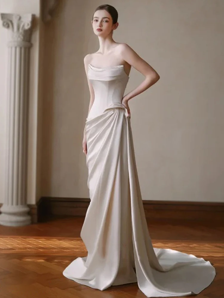 

Легкое свадебное платье из шелкового атласа с простым дизайном и шлейфом для отелей и торжественных мероприятий, длинное вечернее платье