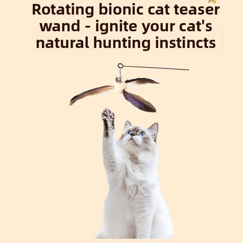 Cat Toy Wooden Handle Long Rod Self-entertainment Boredom Relief Pet Toy Bell Spinning Windmill Teaser Stick Replacement Head