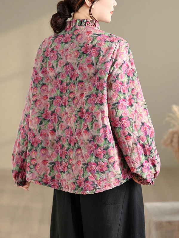 Warm katoen Jaet Dames plus maat Faionable Veelzijdig Artistiek Bloemen Lang Sve gevuld Bovenkleding Retro Sle Loose Fit...