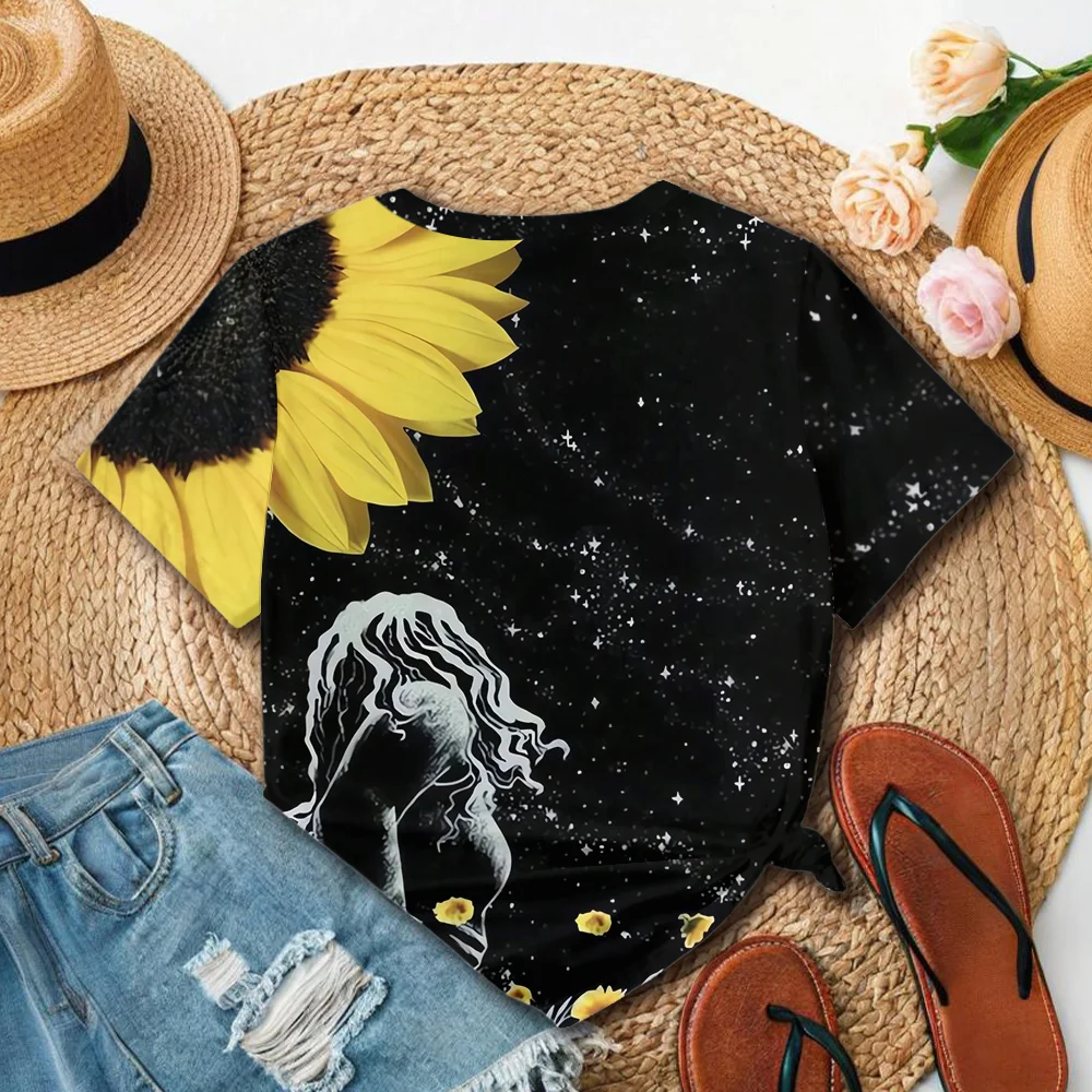 Beautiful Art Style Black Starry Sky Flower Portrait Printed Fashion Summer Women's Casual Short sleeved T-shirt
