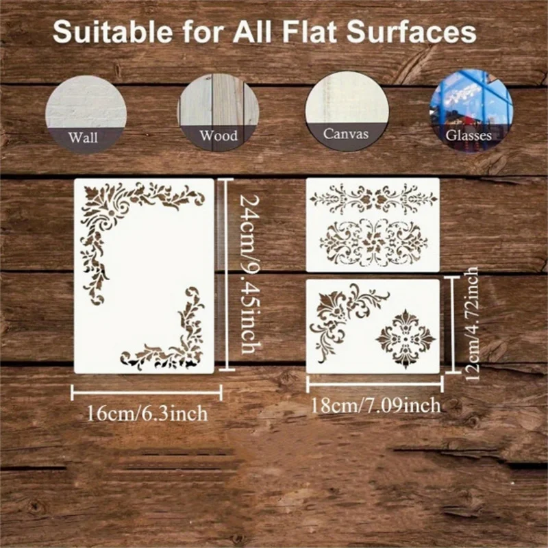 6Pcs Floral Corner Stencils for Painting Template Vintage Damask Border Stencil DIY Templates For Wood Furniture Wall Art Crafts view 2
