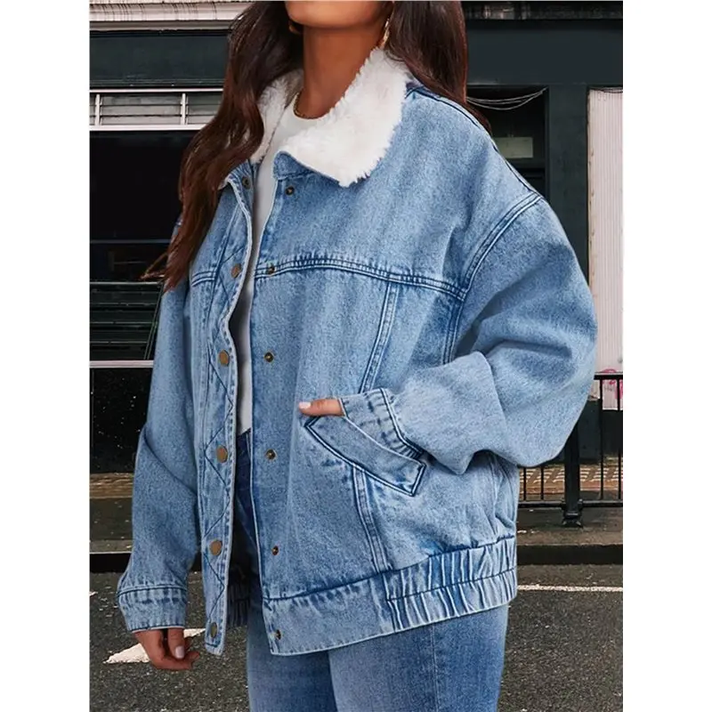 เสื้อแจ็คเก็ตยีนส์ผู้หญิง BMBY แบบวอร์ม สไตล์บอยเฟรนด์ แจ็คเก็ตยีนส์ทรงทรัคเกอร์
