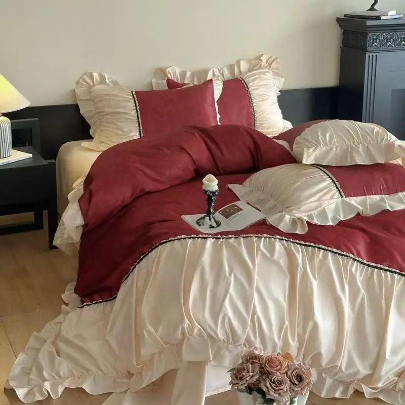 4pcs Red Wedding Lace Bedding Set Queen King Size Luxury Jacquard Duvet Cover Bed Sheet Pillowcase Four Piece Bed-linens
