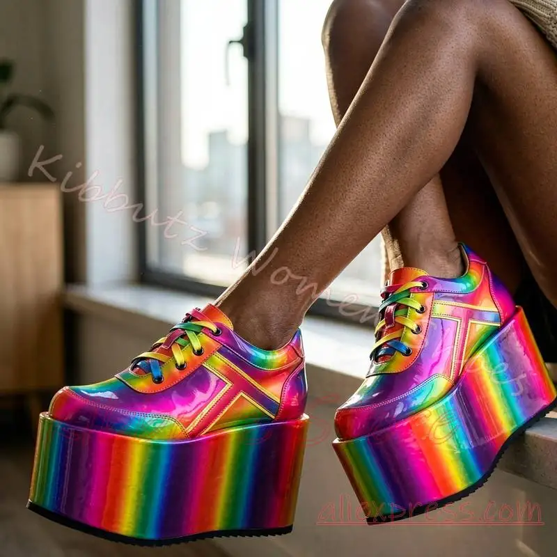 Rainbow Platform Lace Up Sneaker Height Increasing Alt Fashion Stage Performance Womens Punk Streetwear Footwear Mixed Color New