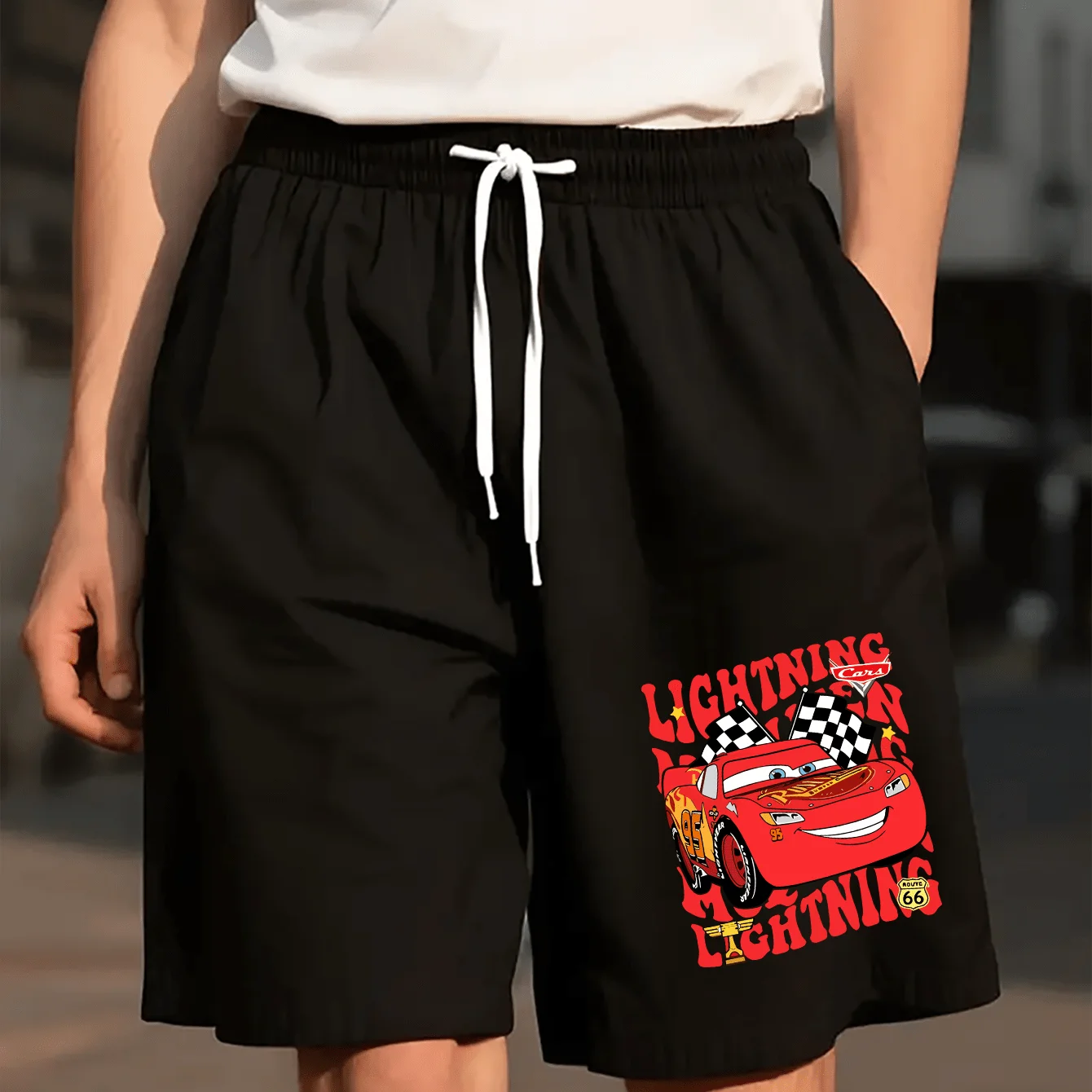 

Disney cars Lightning McQueen Men'S Summer Casual Sport Shorts Loose Fit Elastic Waistline with Drawstring Breathable Fabric