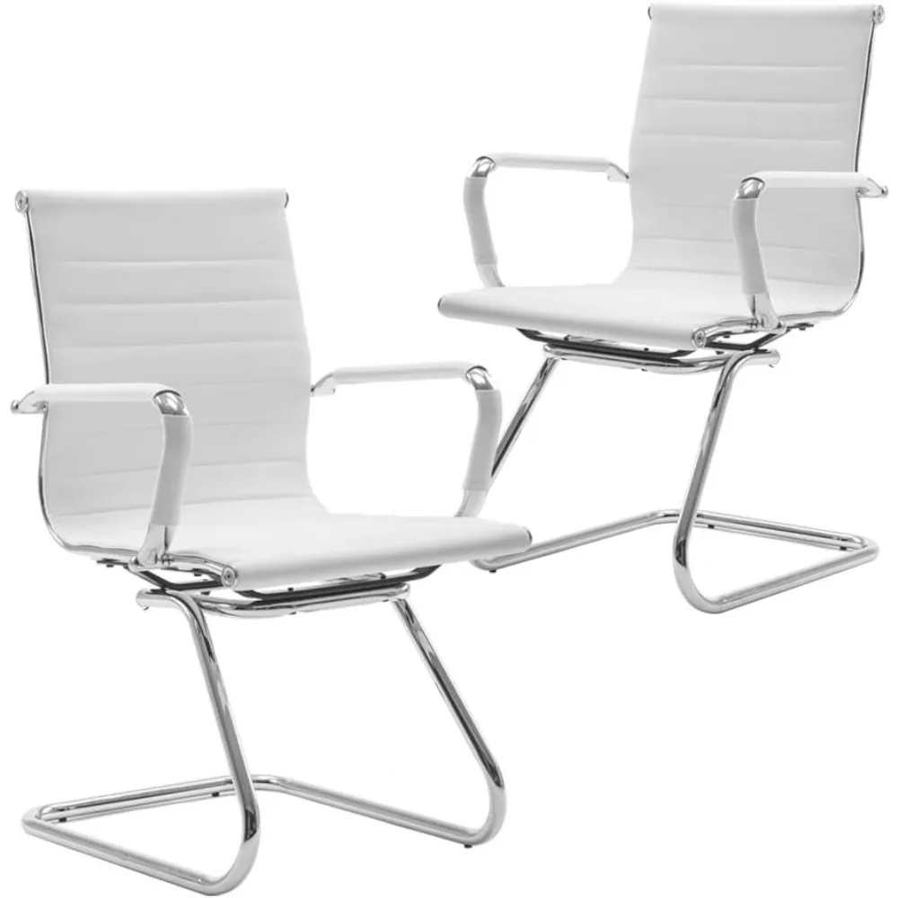 

Reception Chairs Leather Conference Chairs No Wheels Back Support Heavy Duty Office Guest Chair, Set of 2 (White)