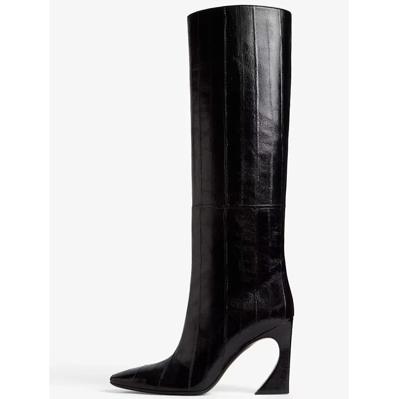 Women's Patent Leather Over-The-Knee Boots with Unique Cut-Out Heel Bold and Glamorous Footwear Trendy and Eye-Catching Choice
