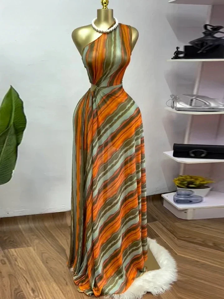 

Elegant Striped Print Sleeveless Floor-Length Long Women Dress Skew Collar Evening Beach Party Birthday Sexy Dresses