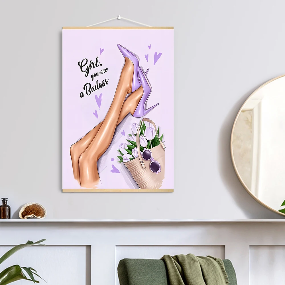 Purple Flower Girl Lipstick Book Makeup Wood Hanging Scroll Painting Nordic Posters And Prints Wall Pictures For Living Room Dec