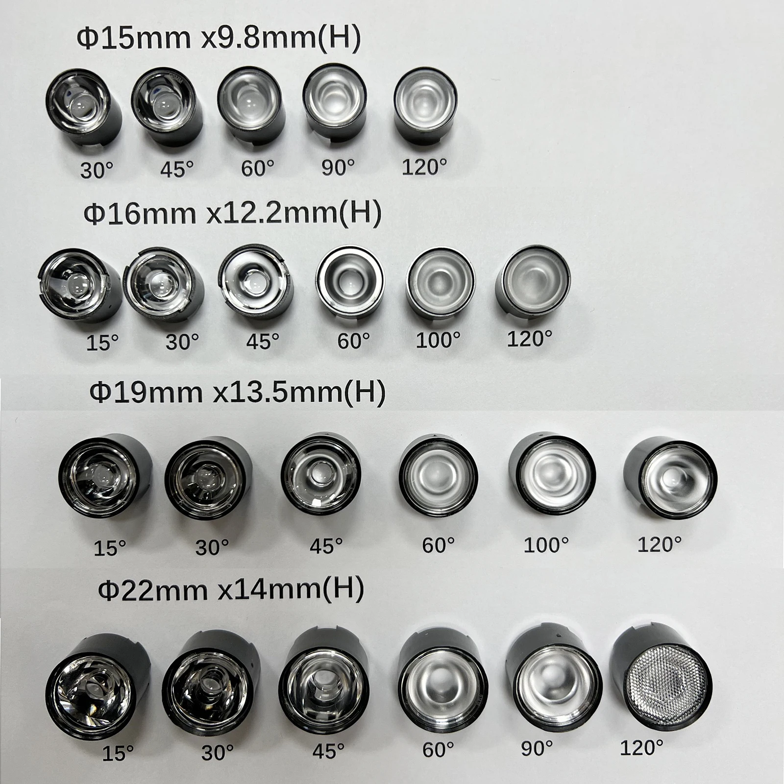 Lentes de Pmma com Suporte Lentes Led Alta Potência 1w 3w 5w 15 mm 16 mm 19 mm 22 mm 15 30 45 60 90 100 120 Graus 50 Peças