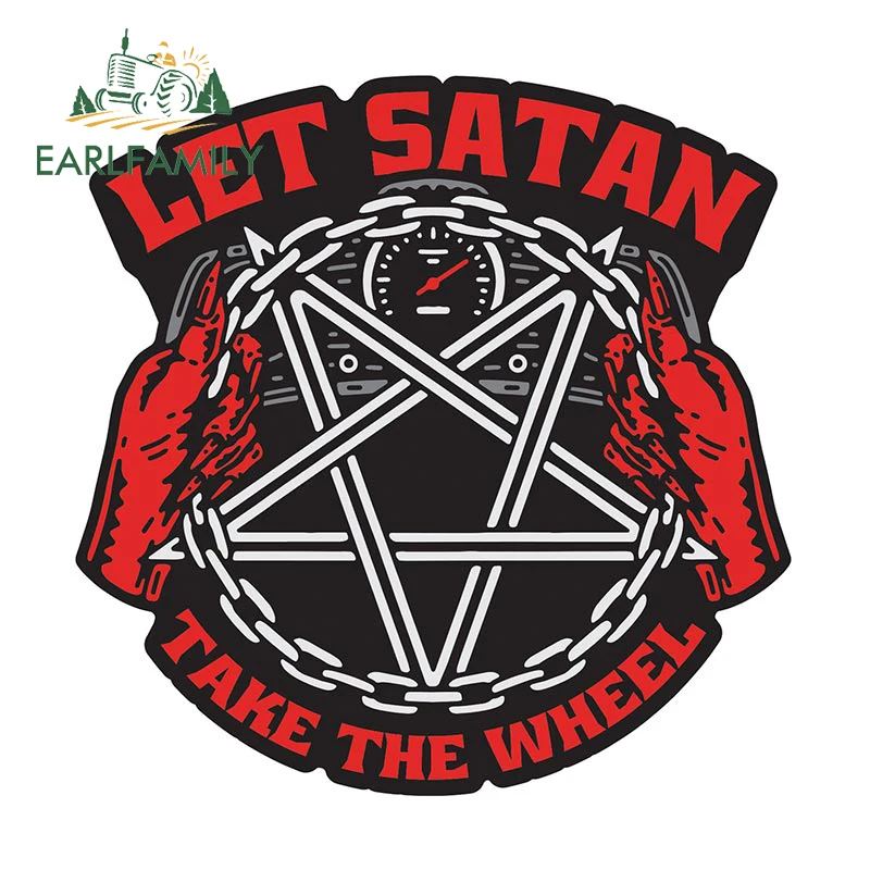 EARLFAMILY 13cm x 13cm Rude & Crude Car Sticker Let Satan Take The Wheel Decal Cartoon Car Styling Window Car Head Decorative