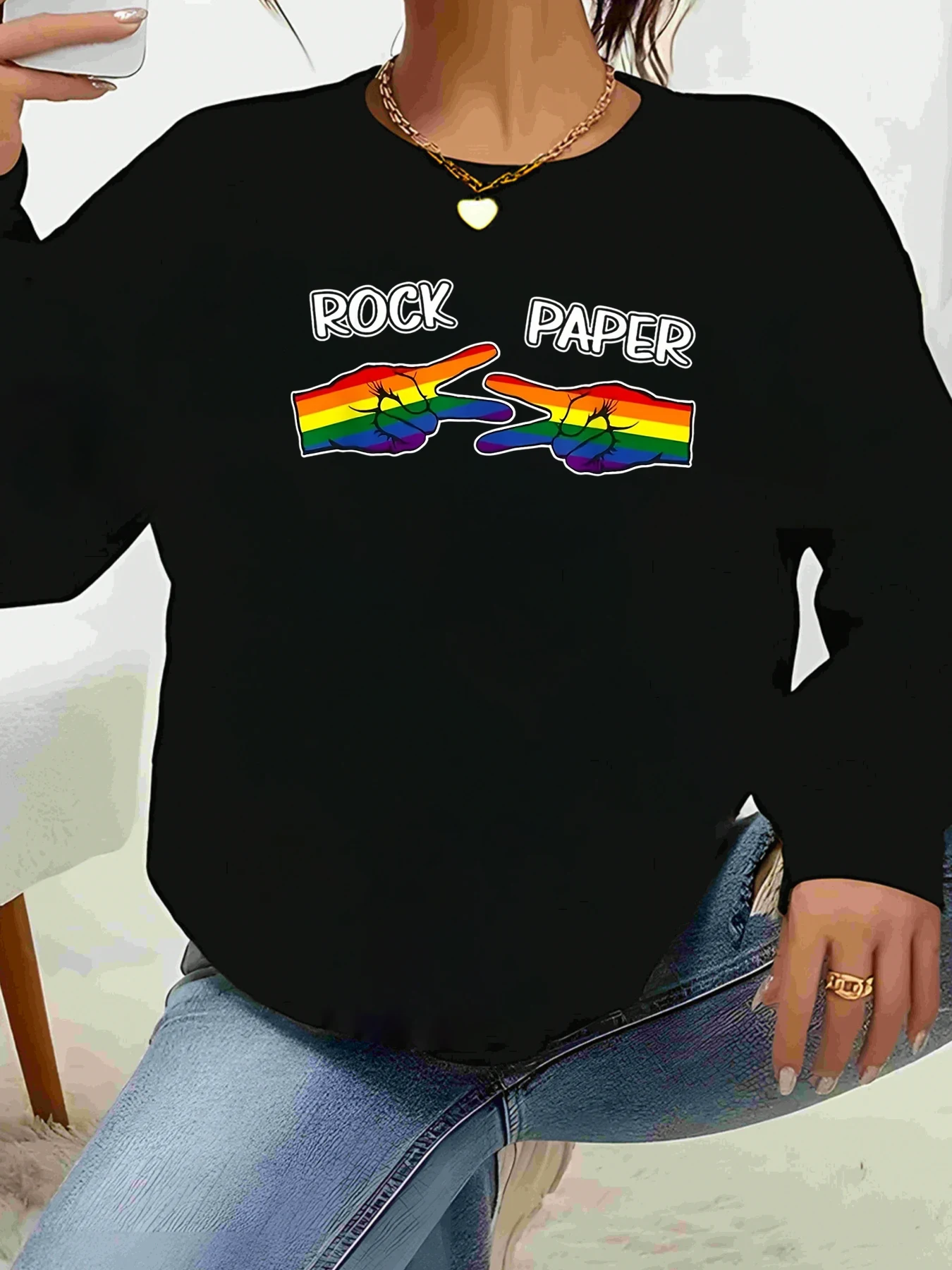 

Футболка с длинными рукавами и радужным рок-бумажным принтом, праздничная повседневная одежда унисекс