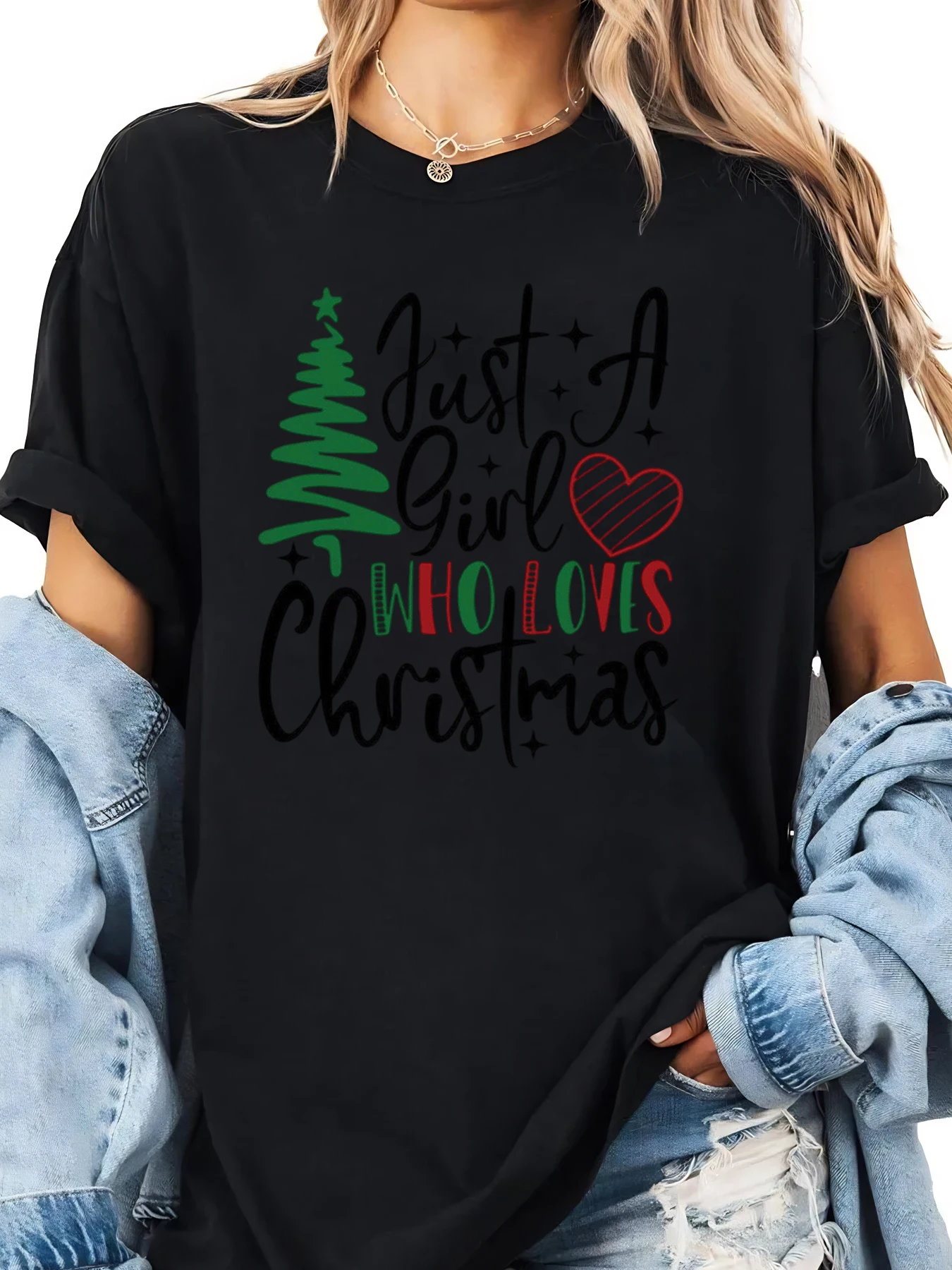 Arbre de noël juste une fille qui aime noël imprimé T-shirt vacances femmes tenue décontracté noir grande taille