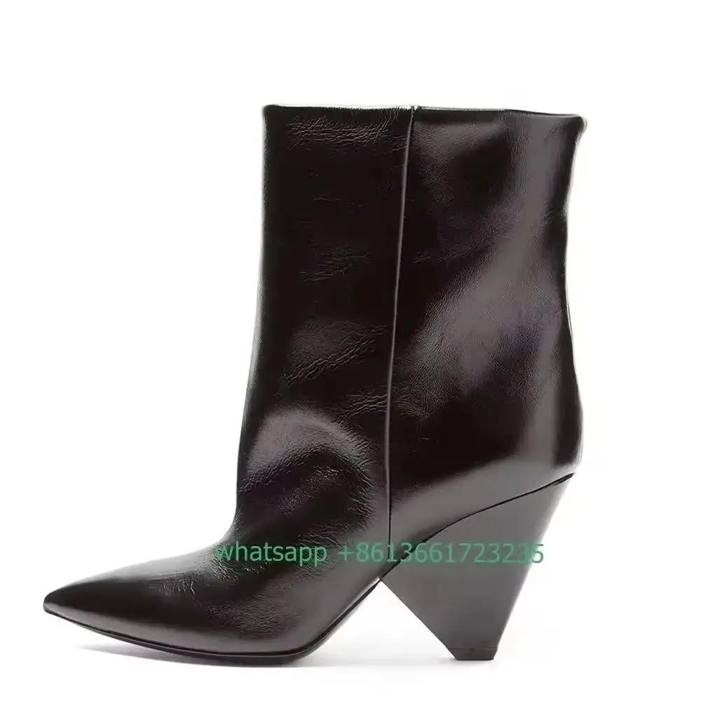 Black PU Mid Boots Spike Heels Pointed Toe Women Boots Slip On Loose Short Boots 2026 Spring Autumn Fashion Women Shoes Boots