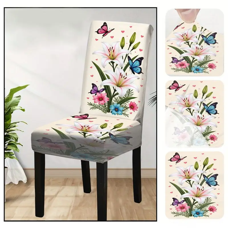 4/6pcs Elegant Lily Butterfly Floral Print Stretch Dining Chair Cover, Removable Washable Anti-Dust Chair Slipcover