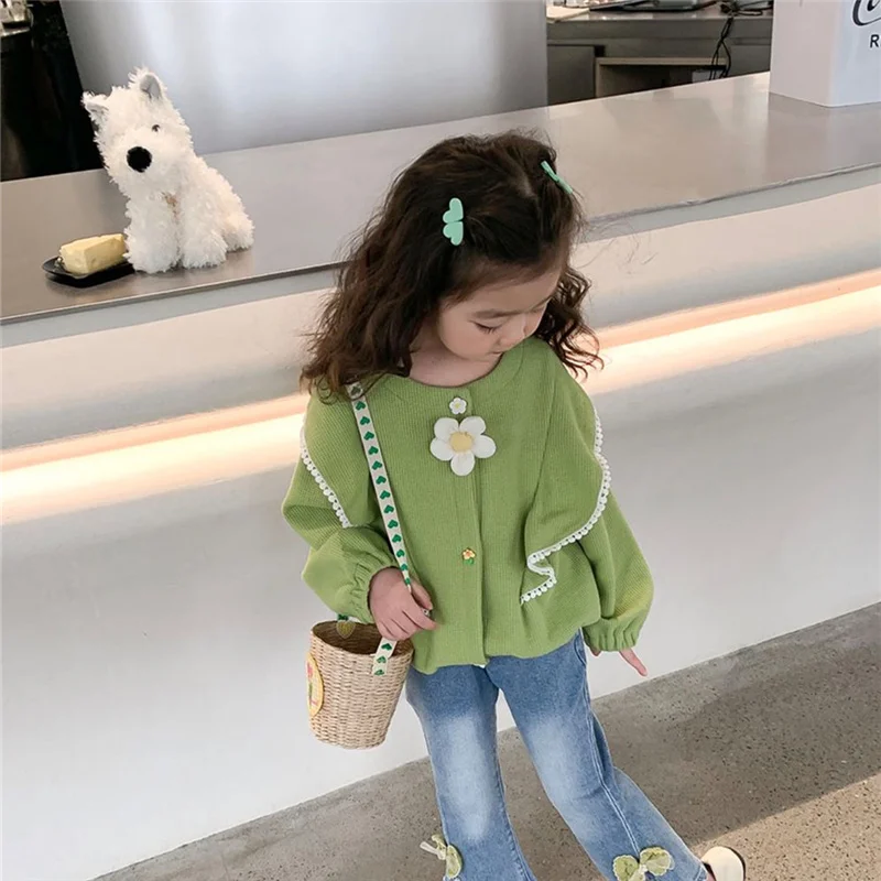 

Spring Autumn Baby Round Neck Coats Casual Long Sleeves Girls' Tops Sweet Cute Style Single-breasted Simple Children Coats