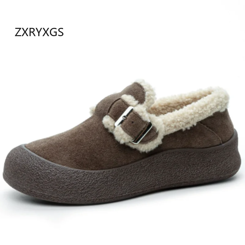 ZXRYXGS 2026 Matte Cowhide with Velvet Cotton Shoes Winter Sneakers Flat Thick Sole Trend Shoes Women's Snow Shoes Plus Size 43