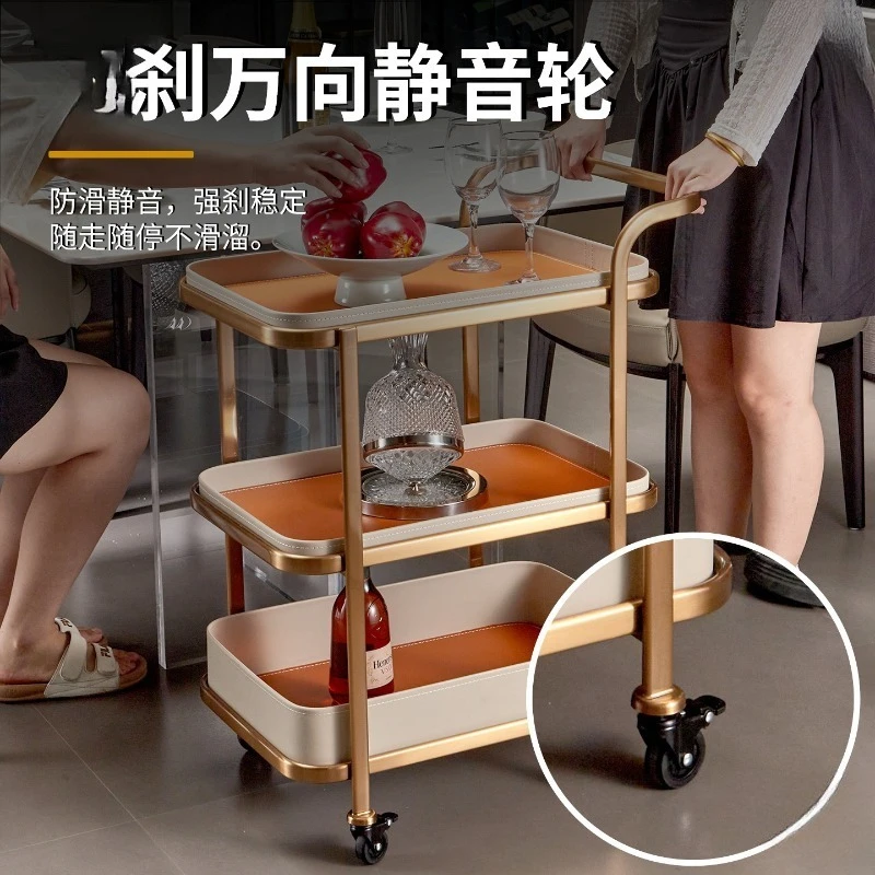 Living room trolley, home service cart, small dining cart, tea fruit tray cart, saddle leather coffee table with wheel rack
