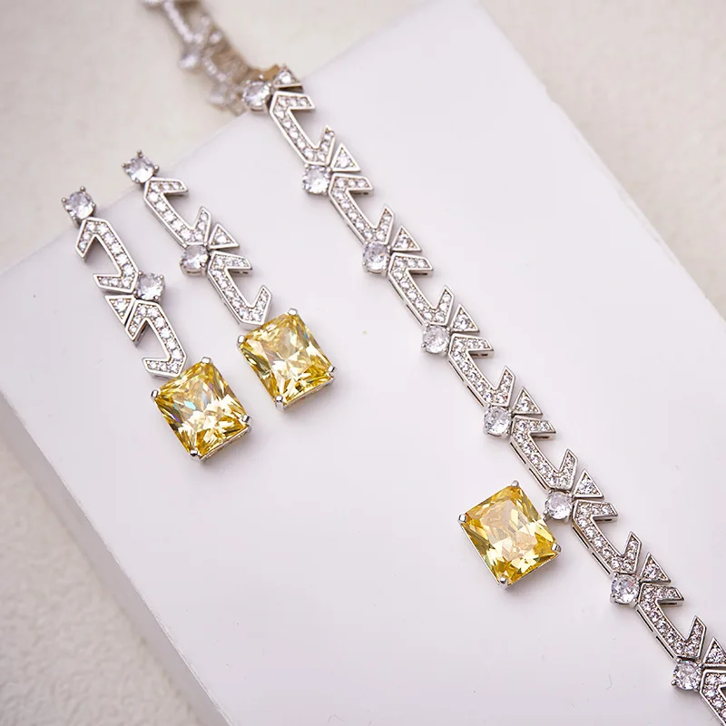 Designer Collection Earrings Necklace Women Lady Inlay Yellow Square Cubic Zircon Pendant Silver Color Chain High-end Jewelry