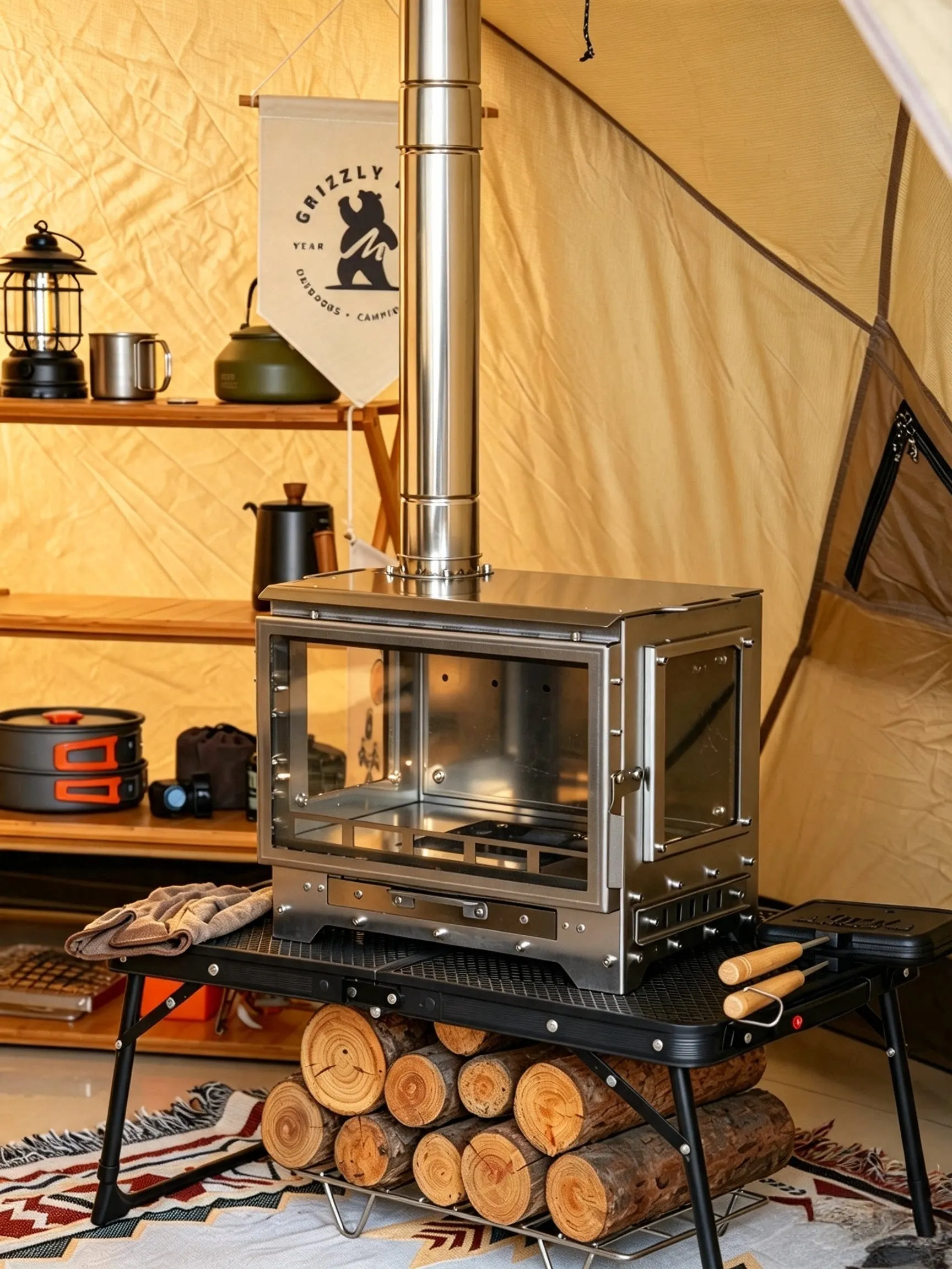 SmiloDon G1 Camping-Holzofen, 2026 Neuer 430 SUS Zeltheizer, 3-seitiges Glas, Sekundärverbrennung, 70/75mm Schornstein, Tragetasche – Detail 3