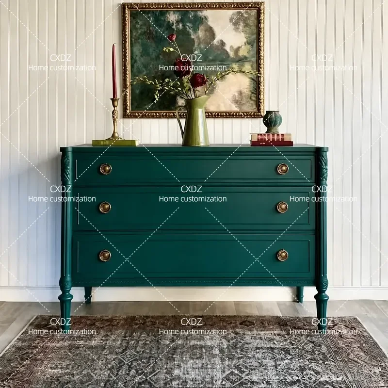 American Country Carved Chest Cabinet Malachite Green Solid Wood Storage Cabinet Retro Living Room Locker Studio Shooting