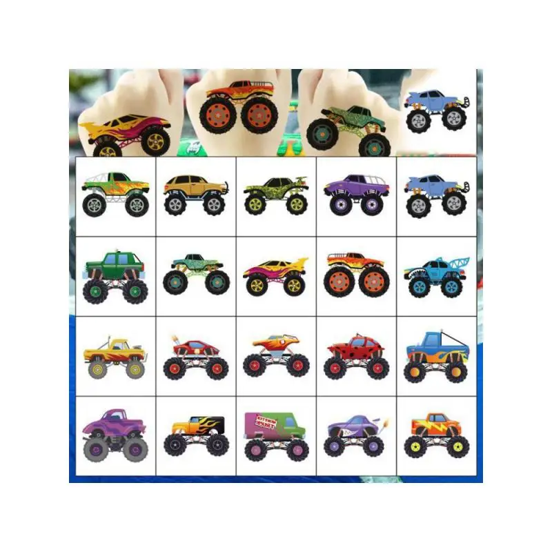 20 sztuk/zestaw Tatuaże tymczasowe Monster Truck, wodoodporne tatuaże z motywem kreskówkowych samochodów, zabawny prezent urodzinowy — zdjęcie 2