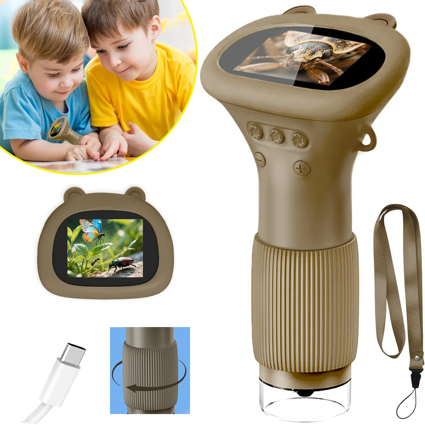 Microscope pour enfants, grossissement 1000x, modèle numérique portatif, jouet éducatif STEM, cadeau, écran IPS de 2,0 pouces, loupe, microscope de poche portable, idéal pour les anniversaires des filles et des garçons, kit scientifique pour enfants, couleur marron.