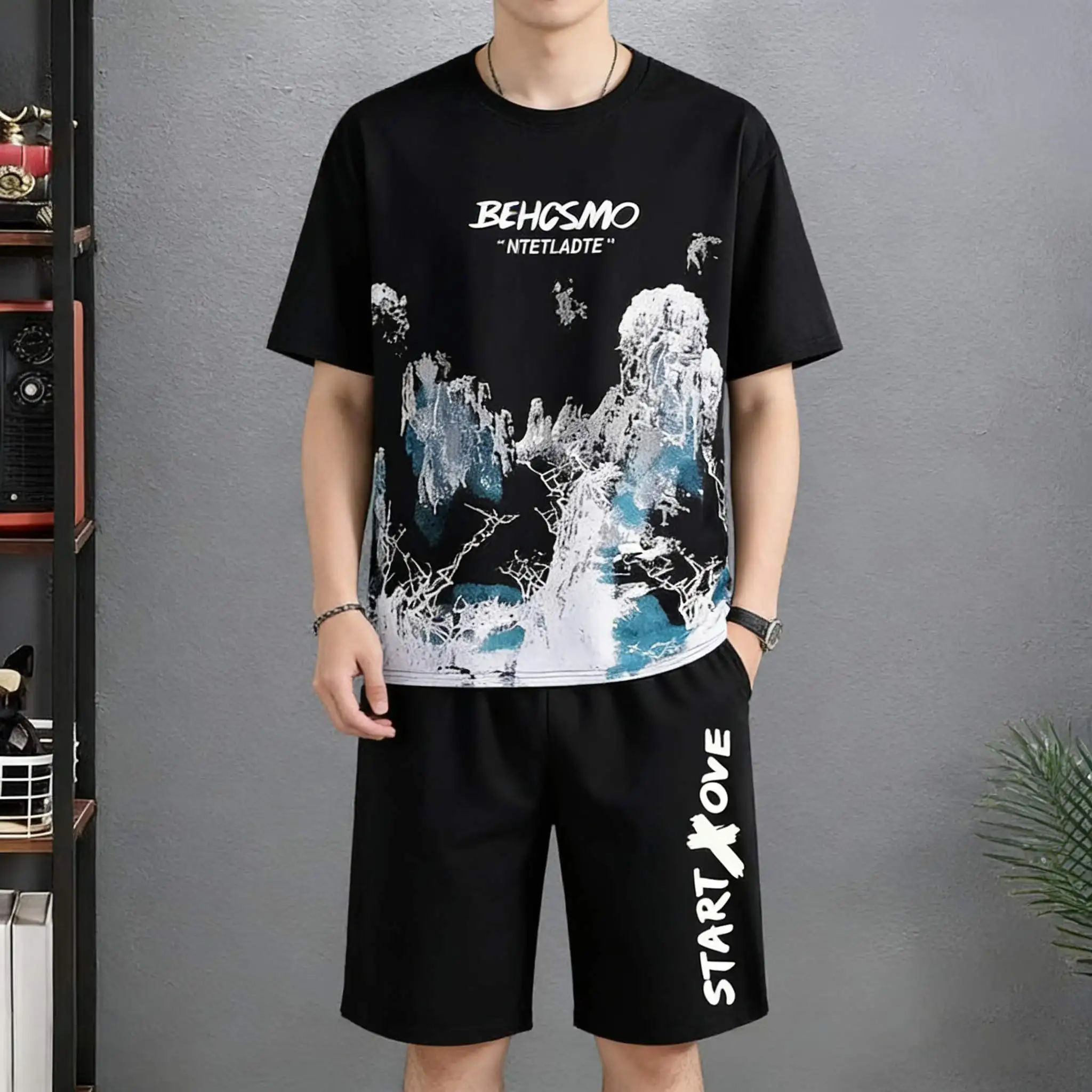 

Летний быстросохнущий мужской комплект 2025: модный спортивный костюм, повседневный дышащий комплект из тонкой футболки с коротким рукавом и принтом + шорты для баскетбола