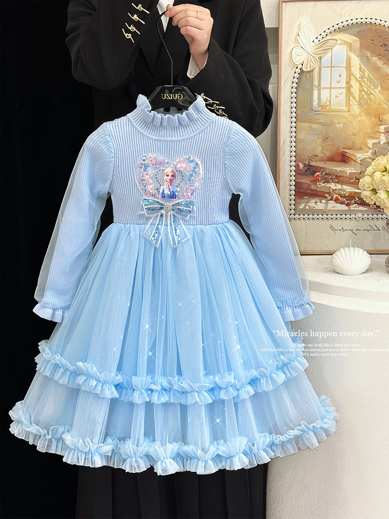 

Платье принцессы Эльзы для девочек, весна 2026, новые пышные платья с длинными рукавами и рисунком из мультфильма, детский цельный трикотаж на день рождения