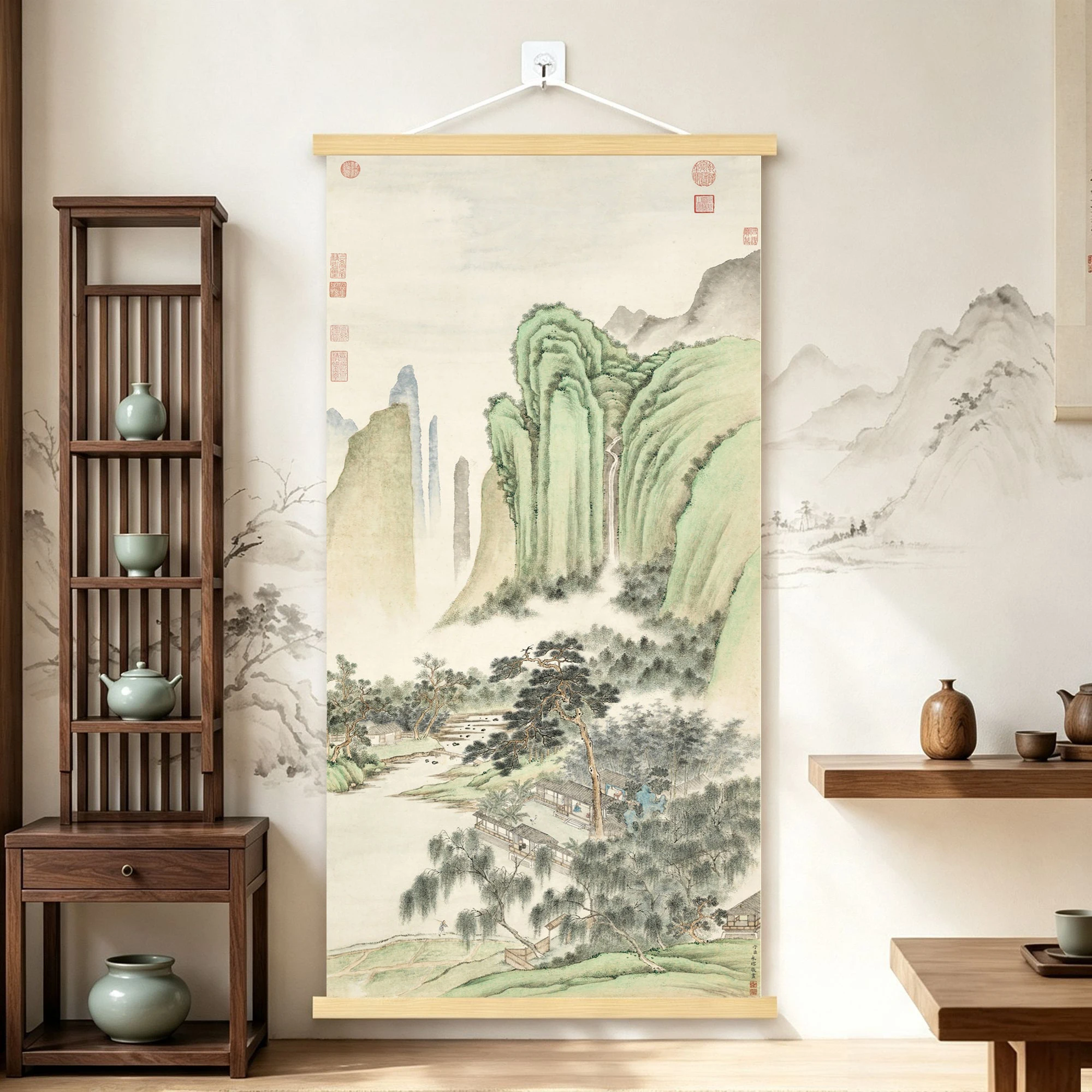 Traditional Chinese light green landscape paintings, hanging paintings, and traditional home decorations