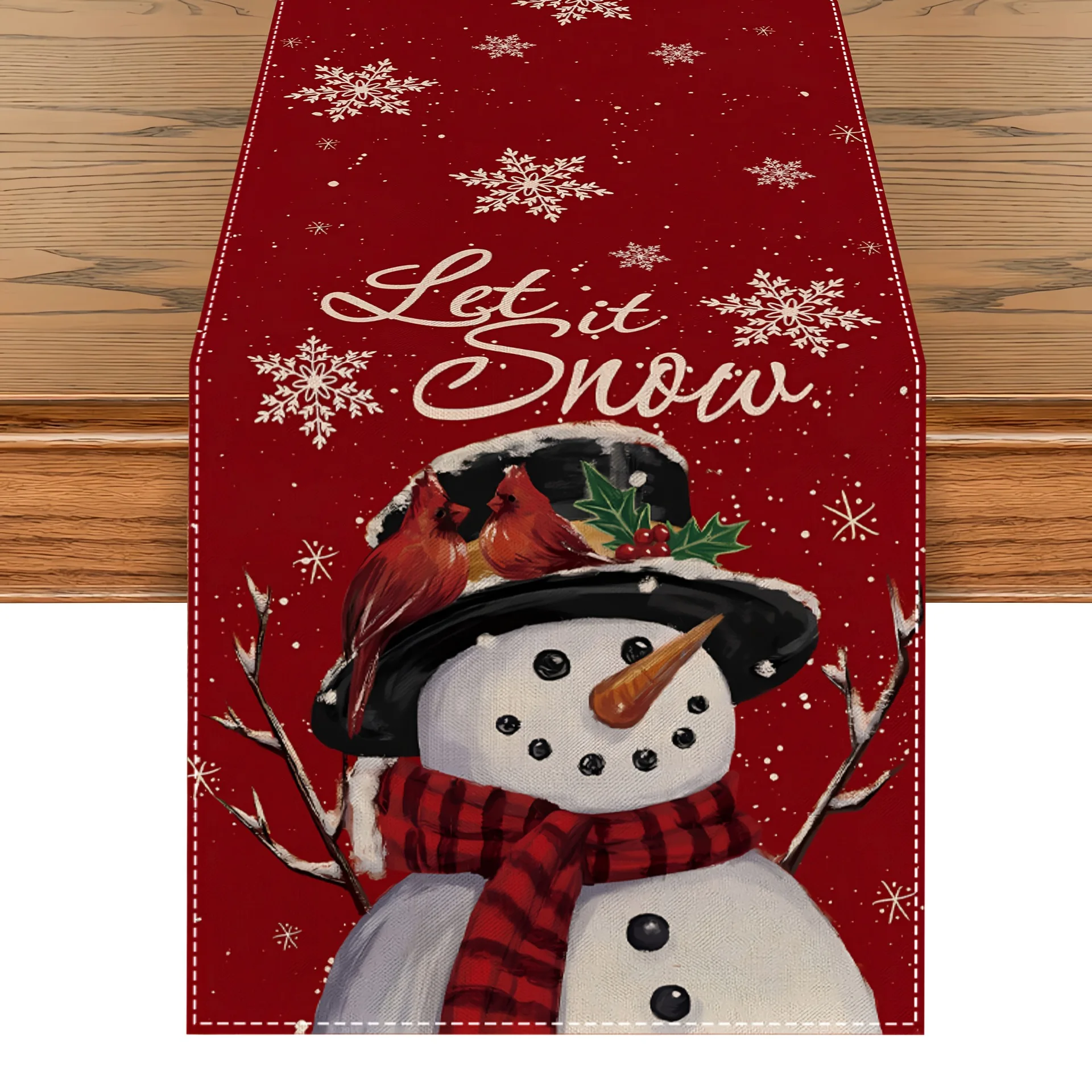 7-Piece Christmas Table Runner and Placemat Set with Snowman and Snowflake Patterns, Perfect for Winter Table Decorations