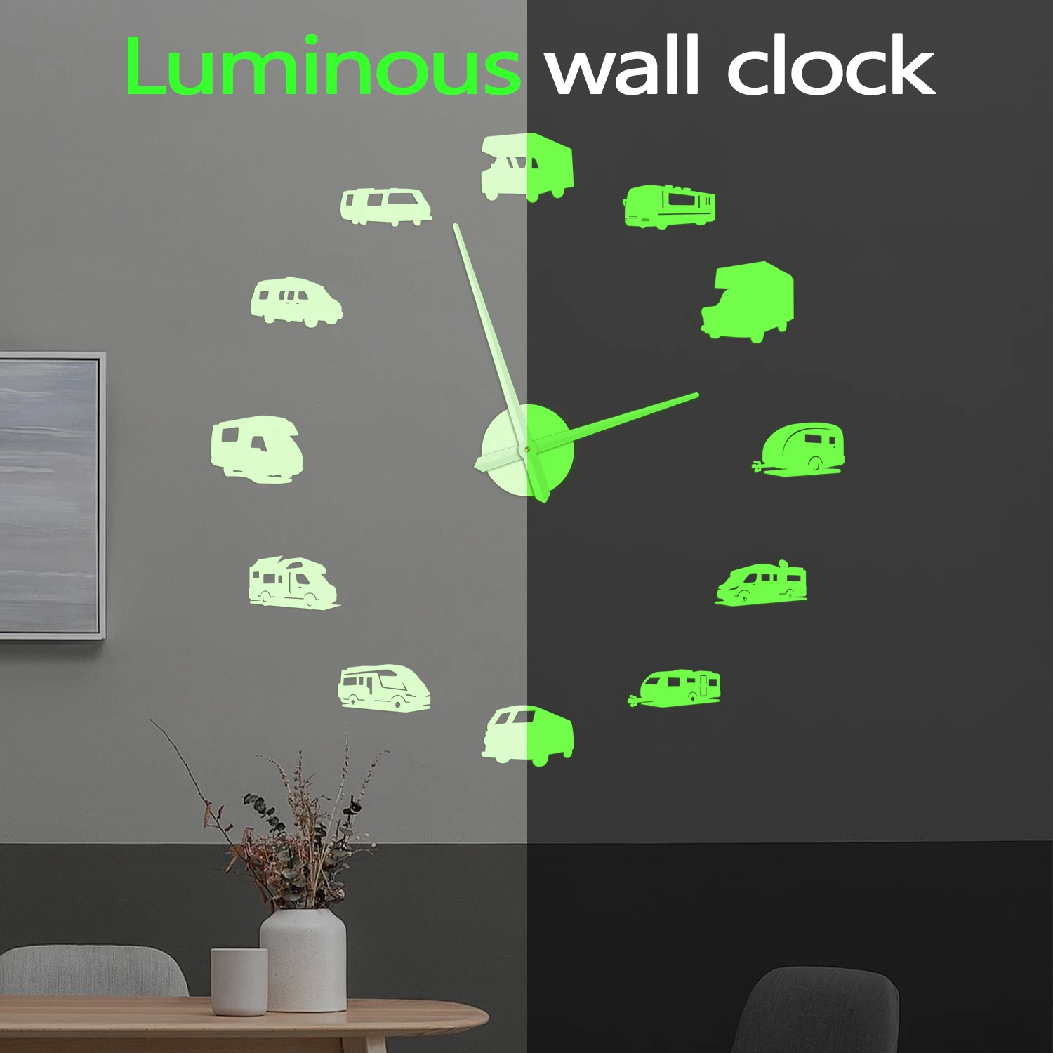 Luminous RV Camper Motorhome DIY Wall Clock Glow in Dark RV Travel Road Trip Camper Van Wall Clock with Glowing Numerals Hands view 2