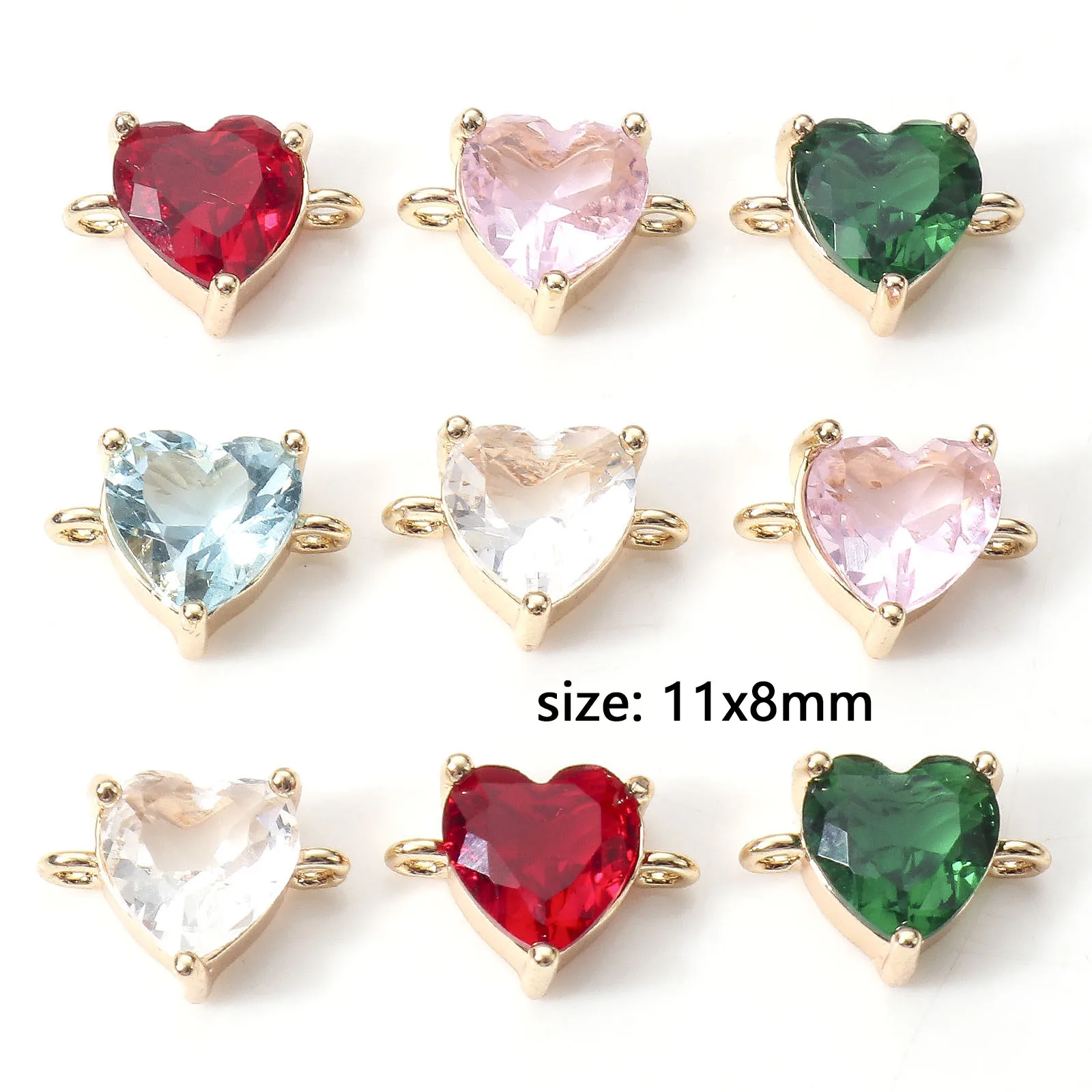 Copper Heart Connectors Charms Pendants Gold Color Multicolour Cubic Zirconia  For DIY Making Bracelet Jewelry 11mm x 8mm, 2 PCs