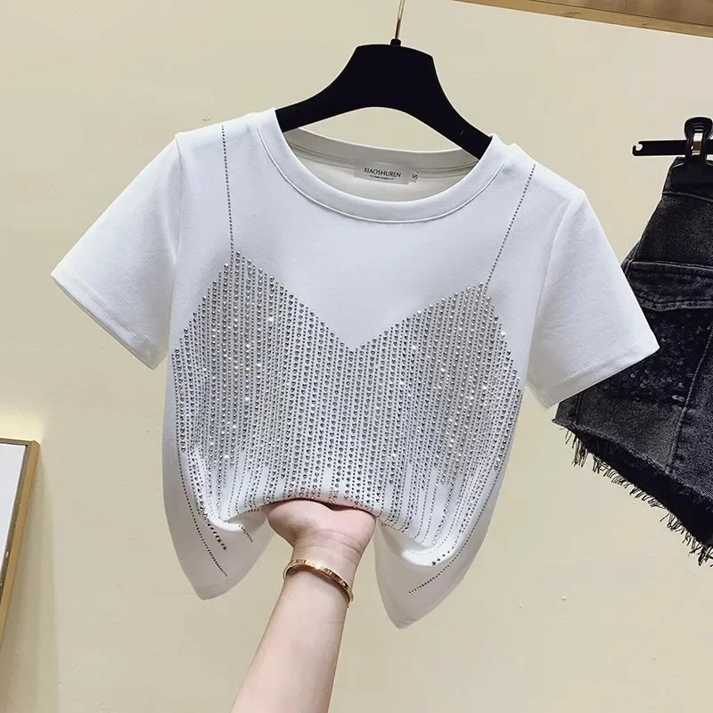 Y2k Clothes Summer Women Clothing Tees O Neck Short Sleeve Slim Tops Heavy Rhinestone Fake Two Piece Design Sense Chic T-shirts