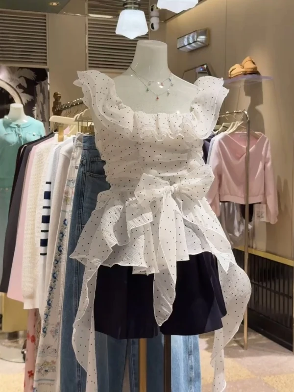 

Sweet Style White Polka Dot Ruffle Sleeve Shirt Women's Spring Summer Slim Fit Waist Cinching Belted Flying Sleeve Top