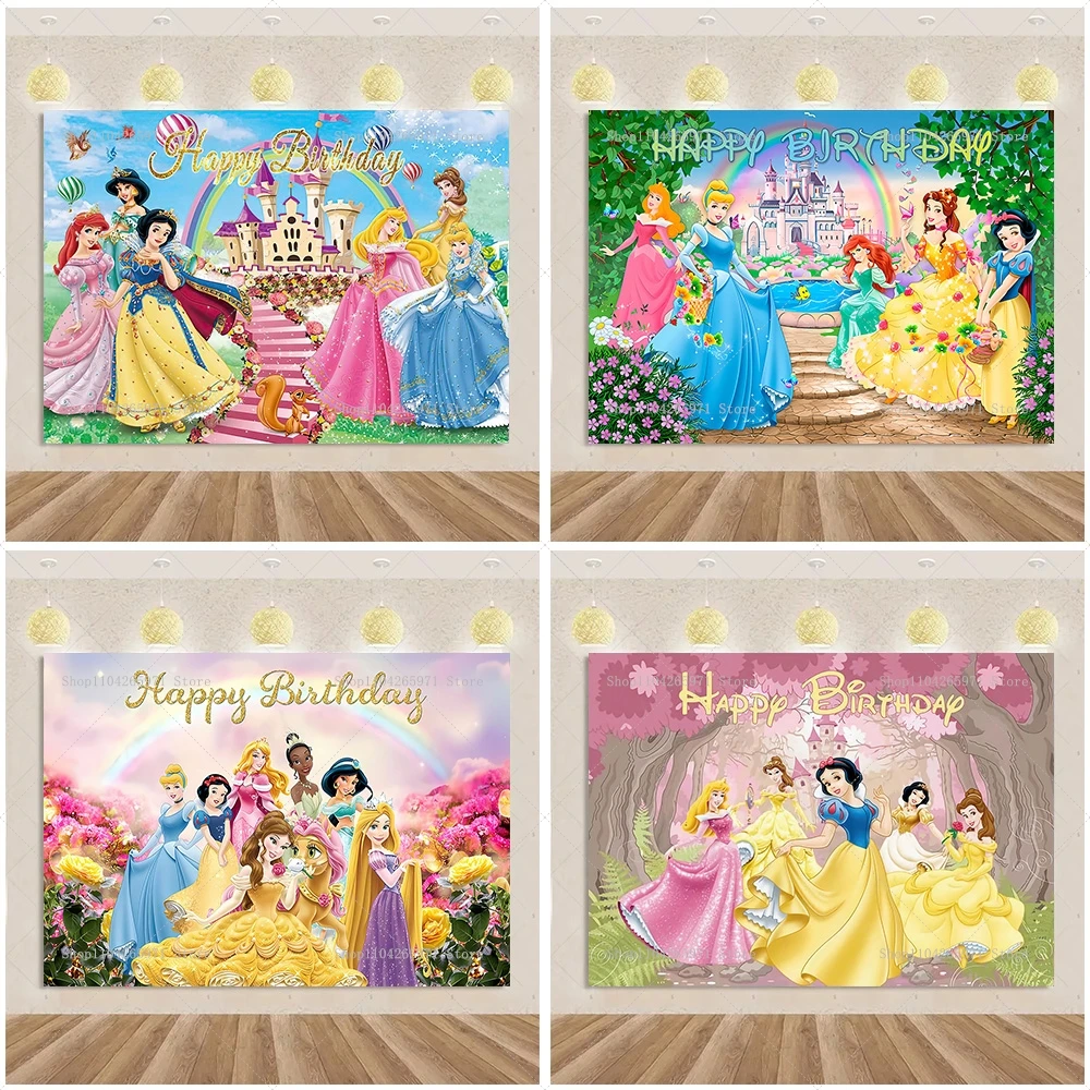 

Cartoon Disney Princess Backdrop Multi Princess Girls Birthday Party Decor Baby Shower Supplies Photo Background Banner Props