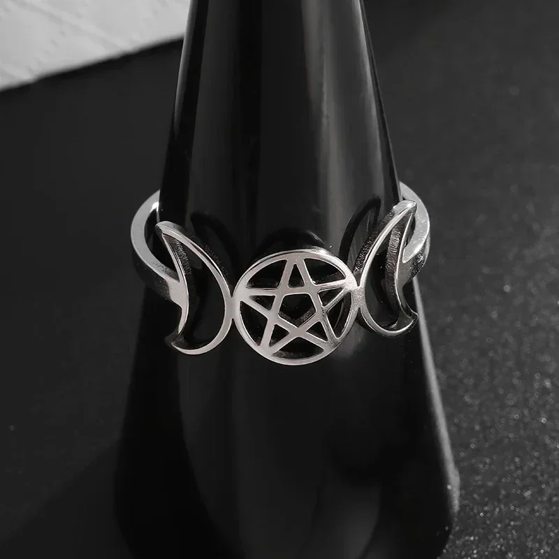 Exquisite Stainless Steel Five-Pointed Star Double Moon Ring Fashion Jewelry for Men and Women