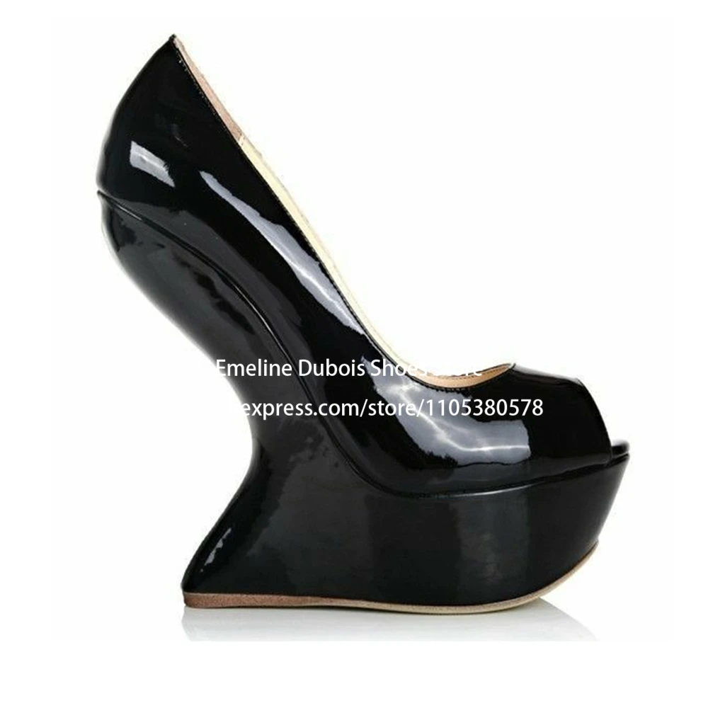 

Patent Leather Curved Wedge Platform High Heel Pumps Women Peep Toe Slip on Novelty Heel Pumps Wedding Party Casual Shoes