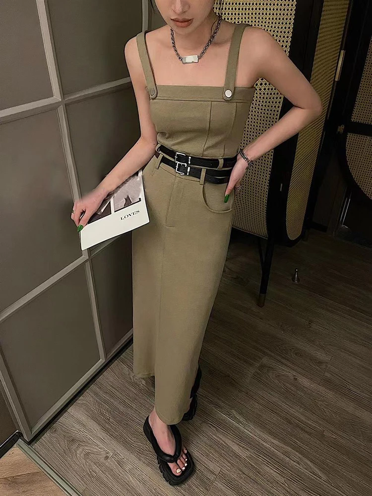 TWOTWINSTYLE Patchwork Belt Sets For Women Square Collar Sleeveless Short Top Slim Bodycon Long Skirts Female Clothing 2023 New