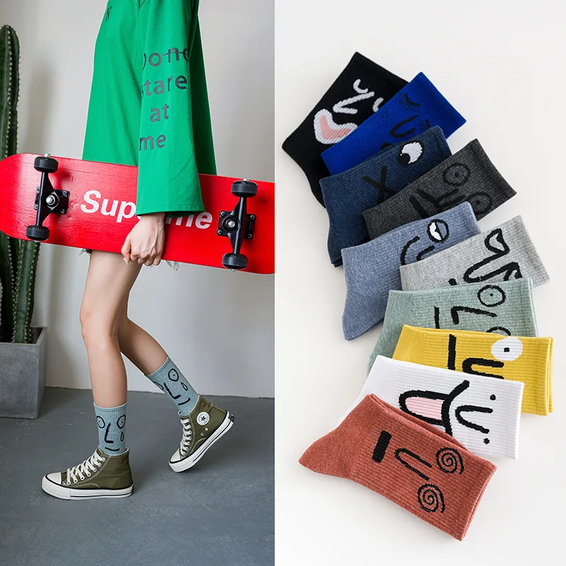 

Women Socks Knitting Expression Fashion Black White Yellow Cotton Funny Happy Sock Skateboard Hip Hop Streetwear Happy Sox Meias