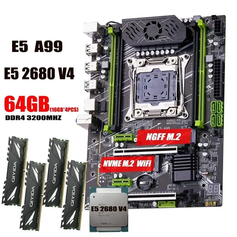 Top X99 motherboard set LGA2011-3 xeon E5 2680 V4 kit 4*16GB=64GB 3200MHz 4 channels DDR4 SATA 3.0 nvme M.2 ATX