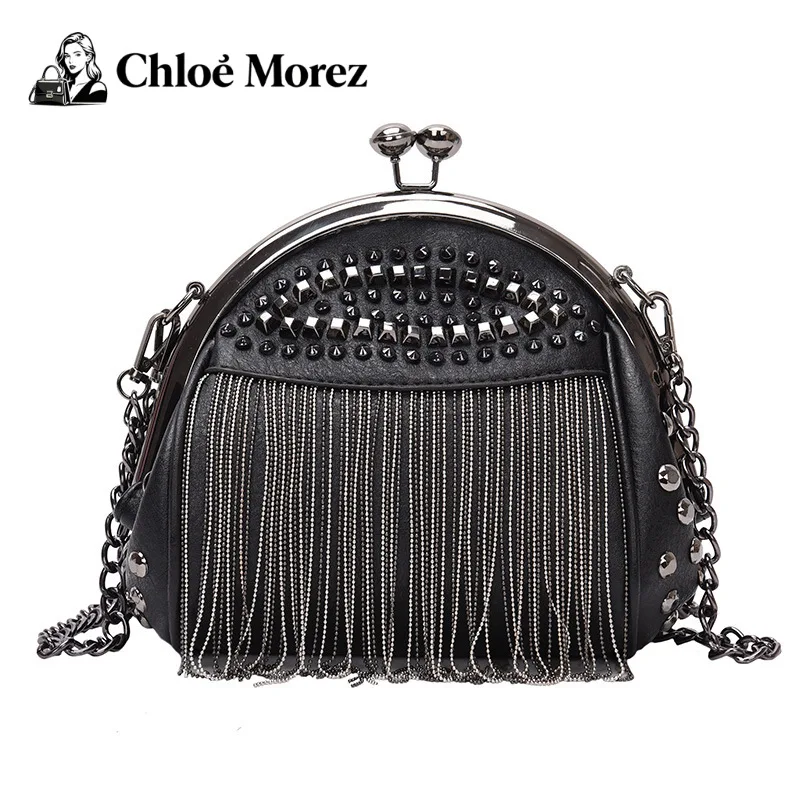 

Diamond Studded Women Bag with Rivets and Tassels Fashionable Versatile Chain Single Shoulder Crossbody Hand-held Clip Shell Bag