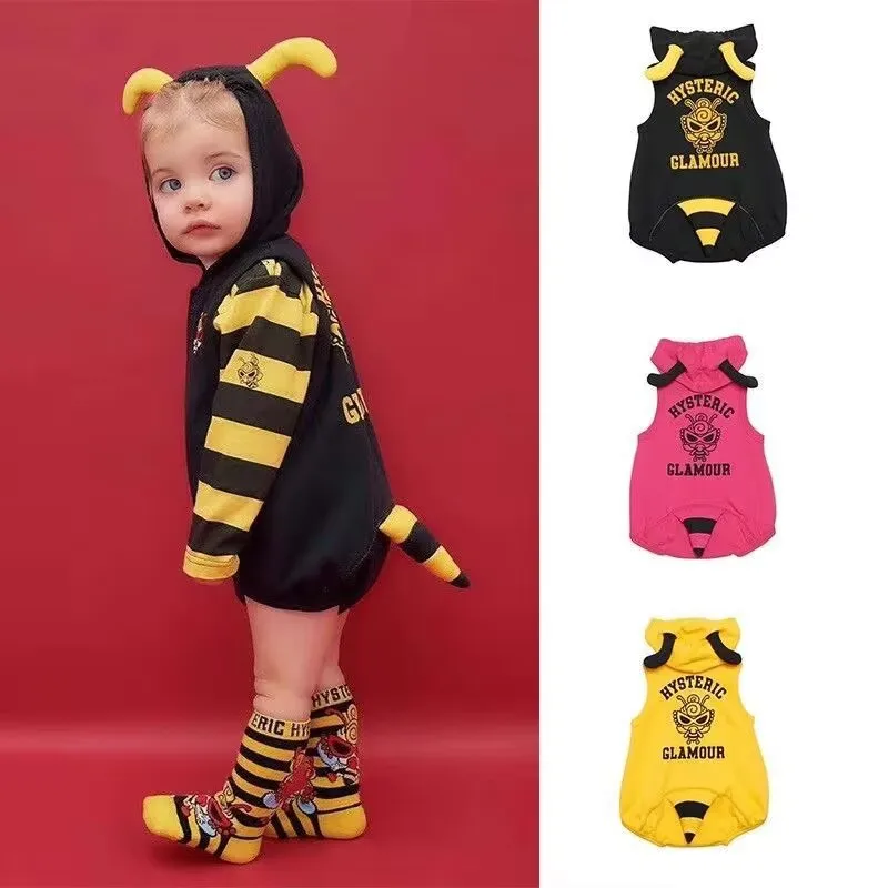 

High Quality 3D Babe Bee Kids Bodysuit Boys Girls hooded Vest Jumpsuit 100% Cotton Romper&Crawling Outfit for 80-120 Hysteric Mi