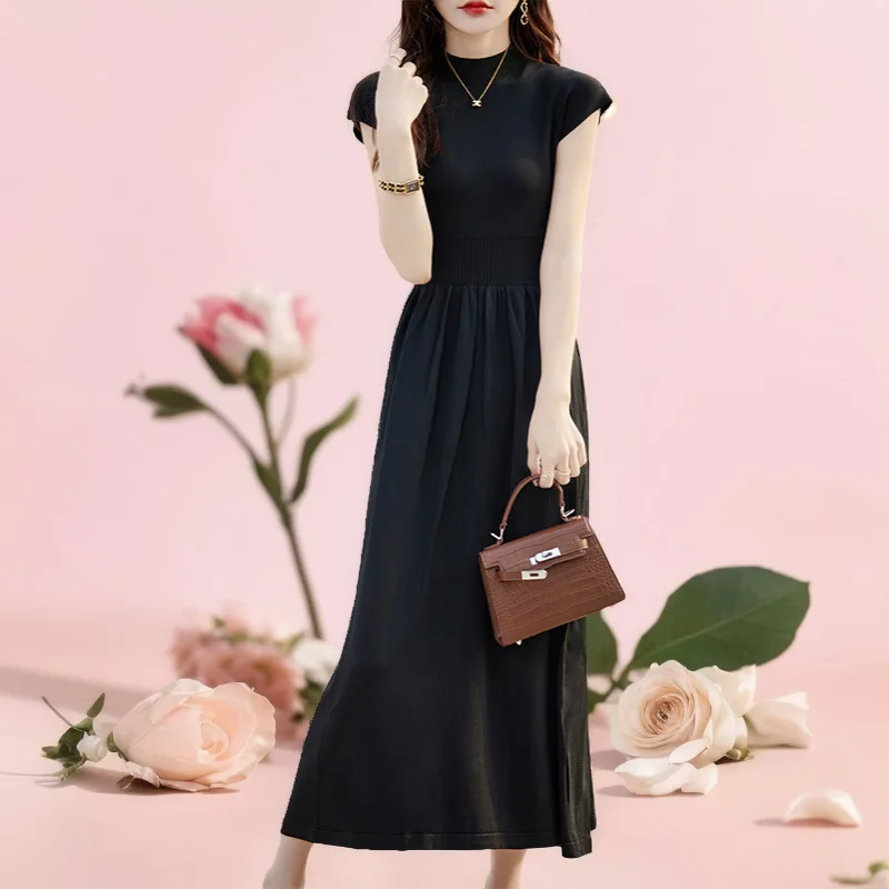 Summer Thin Qu Zhu Knitted Women's Half Turtleneck Sleeveless Waist- Long Dress Tall Temperament Slimming Base Skirt